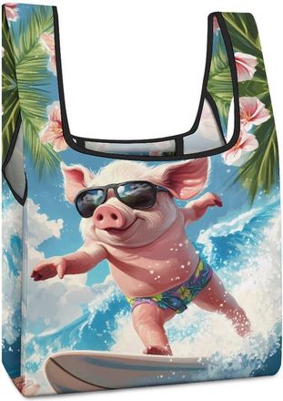 Generic Pigs Surfing Shopping Bag Reusable Grocery Tote Bag Foldable Handbag for Travel Picnic