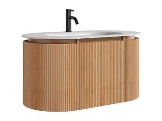 Vente-Unique Mueble de ba&ntilde;o suspendido estriado en madera de fresno con lavabo encastrado y grifo - Natural claro - An. 90 cm - LILIKO
