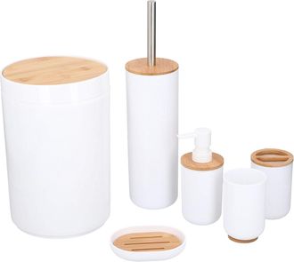 OEM Juego De Inodoro De 6 Piezas: Dispensador De Jab&oacute;n, Escobilla De Ba&ntilde;o, Vaso, Bamb&uacute; Blanco