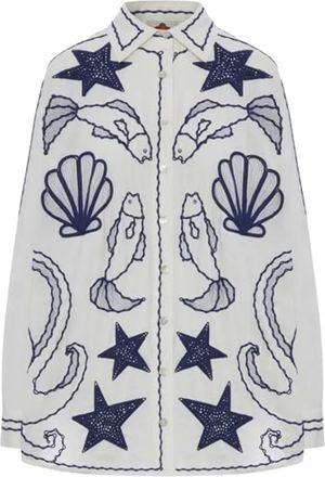 Farm Rio Farm Rio Womens Fresh Fish Embroidered Cotton Puff Sleeve Blouse in Off-White