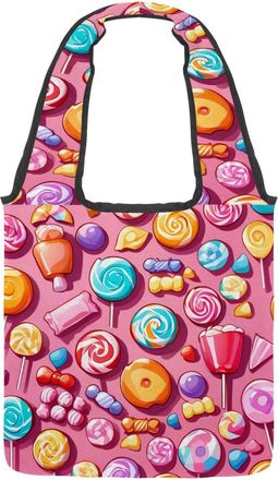 Generic Pink Candy Pattern Reversible Canvas Shoulder Tote - Double-Sided Print, 12oz Cotton, 27cm Drop, Fold-Flat Bag for Travel, Shopping, Street Outings
