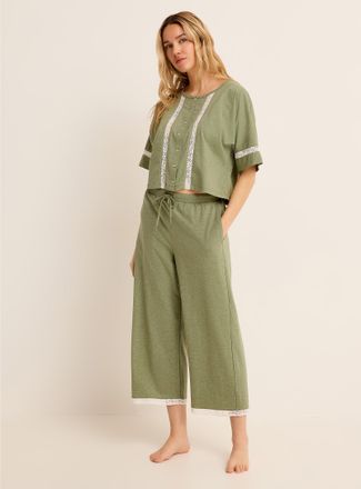 Miiyu Womens Lace-accent Supima cotton cropped pyjama pant