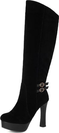Generic Womens Black Suede Knee-High Boots Double Buckle Detail Comfortable Platform Stiletto Heel Non-Slip Wear-Resistant Sole for Evening Date Party,Black,3