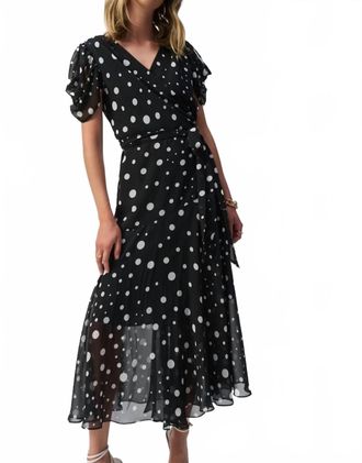 Joseph Ribkoff Chiffon Polka Dota Wrap Dress In Black-Vanilla