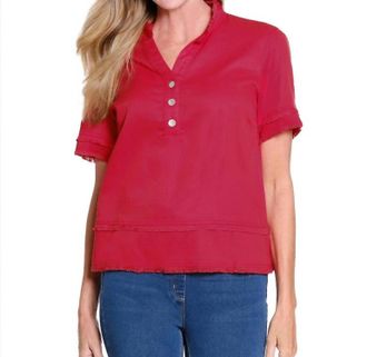 Multiples Fringe Hem Blouse In Fiery Red