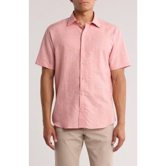 David Donahue Short Sleeve Linen & Cotton Sport Shirt in Pink at Nordstrom, Size Large