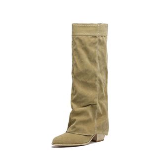 Generic Womens Pull on Slouch Knee High Boots Chunky High Heel Long Boots Pointed Toe Faux Suede Knight Boot,Beige,7.5 UK