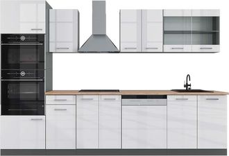 Vicco Mueble De Cocina R-line, Blanco Brillo/antracita, 300 Cm Con Armario Alto, Et Roble