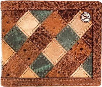 Hooey Mens Roughy Ostrich Print Leather Diamond Patchwork Bifold Wallet In Ouray - Brown & Turquoise
