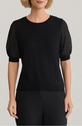 Kasper Ruffle Puff Sleeve Chiffon & Jersey Sweater in Black at Nordstrom, Size X-Large