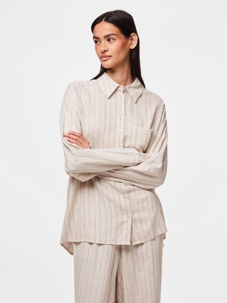 Pieces Hemdbluse PIECES PCPIA LS LOOSE SHIRT WVN NOOS, Damen, Gr. S (36), schwarz (birch stripes:schwarz), Web, Obermaterial: 70% Viskose, 30% Leinen, gestre