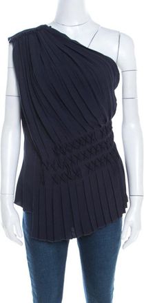 Escada Navy Blue Pleated Crepe Honeycomb Smocking Detail One Shoulder Nienke Top