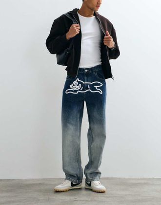 Icecream Jeans lavaggio blu sbiadito con motivo applicato con cane che corre