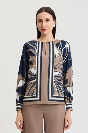 Ming Wang Floral Abstract Crepe de Chine Blouse in Warm Taupe/indigo/ivory at Nordstrom, Size Xx-Small