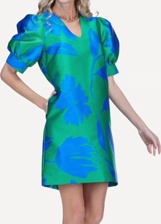 Jade Yoga V-Neck Puff Sleeve Dress In Green Floral Brocade