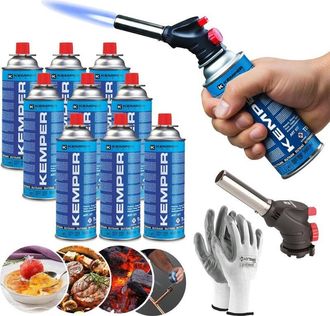 Kemper Kit Soplete De Gas Piezo Con 9 Cartuchos Butano Kemper 190g + 1 Pares De Guantes De Regalo Soldadura, Cocina, Camping, Reparaciones, Llama Ajustable, 