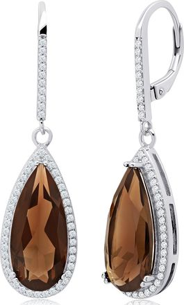 MAX + STONE Pear Cut Gemstone Quartz and White Topaz Halo Dangle Leverback Earrings in Sterling Silver (18x8mm)