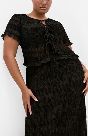 City Chic Emelia Shirred Tie Front Top in Black at Nordstrom, Size 14W
