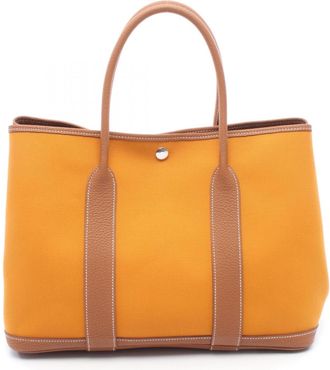 Herm&egrave;s Brown Orange Saffron Toile Officier Negonda Leather Handbag Tote Bag (Pre-Owned)