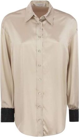 Brunello Cucinelli Beige Satin Shirt With Contrast Cuffs, Size X-Large