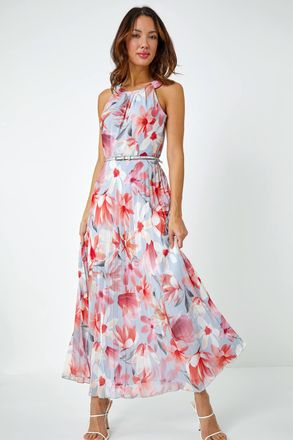Roman Floral Pleated Halterneck Maxi Dress