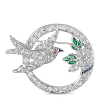 Luxury Bazaar Antique 18K White Gold 2.70ct Diamond and Emerald Bird Brooch MF01-062526