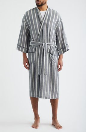 Majestic International Textured Retreat Stripe Shawl Collar Woven Cotton Robe in Navy/Beige at Nordstrom