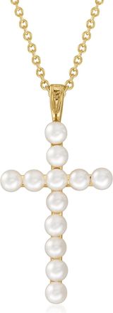 Ross-Simons 3.5-4mm Cultured Pearl Cross Pendant Necklace in 18kt Gold Over Sterling