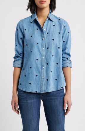 Caslon Heart Embroidered Cotton Chambray Button-Up Shirt in Chambray- Navy Heart at Nordstrom Rack, Size Xx-Small
