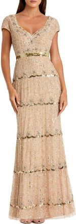 Mac Duggal Petite Beaded Sweetheart Cap Sleeve Tiered Gown in Nude at Nordstrom, Size 10P