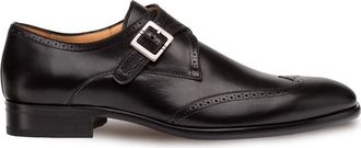 Mezlan Forest - Mens Wing Tip Monk Strap - Hand-Burnished European Calfskin with Saddle Shoe Accents - Handcrafted in Spain, Black, 12