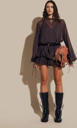 Asos Vestito corto accollato in chiffon marrone cioccolato con vita a blouson