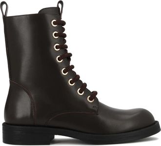 Kazar Klassieke platte enkellaarzen met textuurveters - Dames - Veterlaarzen - Bruin - 37 EU - Leer - Schoenen