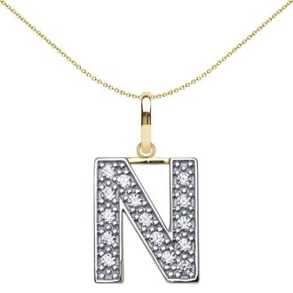Jewelco London 9ct 2-Colour Gold CZ 15mm Block Font Initial Pendant Letter N - JIN022-N