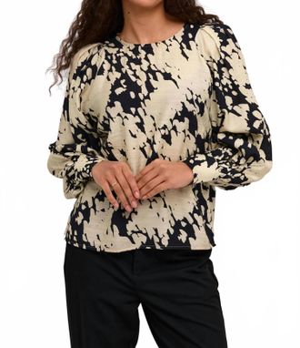 Kaffe Kalouise Long Sleeve Round Neck Blouse In Black Sand Graphic Cloud