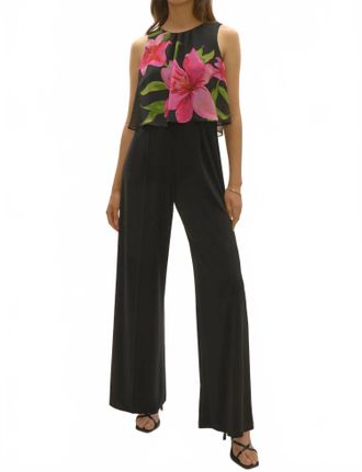 Joseph Ribkoff Floral Chiffon Wide Leg Jumpsuit In Black/multi