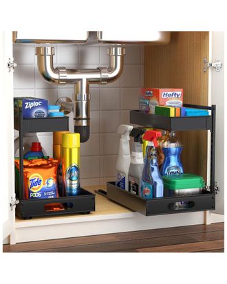 Sorbus Set Of 2 Under Sink Black Organizer With Sliding Tracks