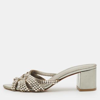 Gina Metallic Grey Patent Crystal Embellished Leather Slide Sandals