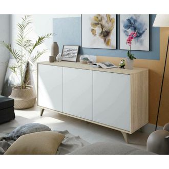 Dmora Aparador Dacell, Aparador moderno con 3 puertas y baldas, Buffet de cocina, Buffet de diseño de sala de estar, 154x40h75 cm, Roble y Blanco - Dmora
