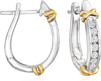 Ross-Simons Diamond Hoop Earrings in Sterling Silver With 14kt Yellow Gold