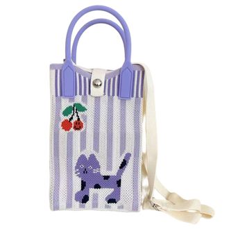 Generic Knitted Mobile Phone Crossbody Bag with Magnetic Buckle, Polyester Fiber Vertical Square Shoulder Bag, 12x18cm with 110cm Strap, Cartoon Design (purpl