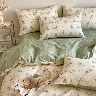 No Brand Funda N&oacute;rdica Vintage Con Estampado Floral, Tama&ntilde;o Queen, 100% Algod&oacute;n, Beige, Verde, Flores Bot&aacute;nicas, Juego De Cama De Primavera, 3 Piezas, Suave