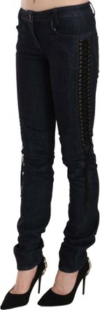 Just Cavalli Womens Blue Low Waist Skinny Trousers Braided String Pants Black Cotton