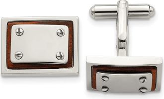 Diamond2Deal Stainless Steel Polished Koa Wood Inlay Rectangle Cufflinks