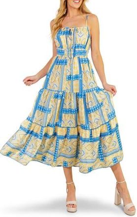 Flying Tomato Patchwork Print Tiered Midi Dress in Blue/Ivory at Nordstrom Rack, Size Medium