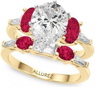 Allurez Pear Lab Grown Diamond & Oval Ruby Bridal Set 14K Yellow Gold (5.09ct)