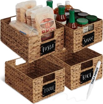 Best Choice Products Set of 4 12in Woven Water Hyacinth Pantry Baskets w/ Chalkboard Label, Chalk Marker