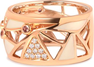 House of Brilliance 14K Rose Gold 1/3 Cttw Diamond and Pink Tourmaline Cigar Band Ring with White Enamel
