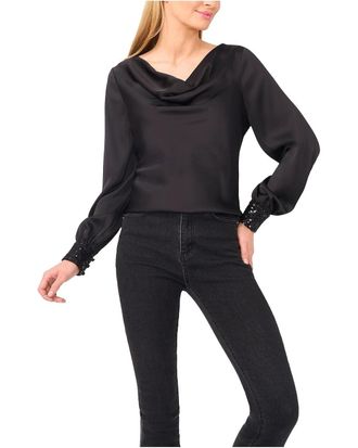 CeCe by Cynthia Steffe Blouse Top Womens Black Satin Cowl Neck Sequin Cuff Pull-On GBO3683