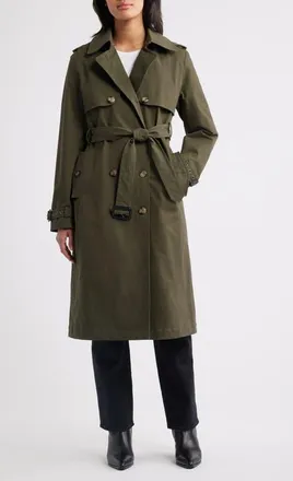 Bernardo Belted Stretch Cotton Trench Coat in Olive at Nordstrom, Size Xx-Large